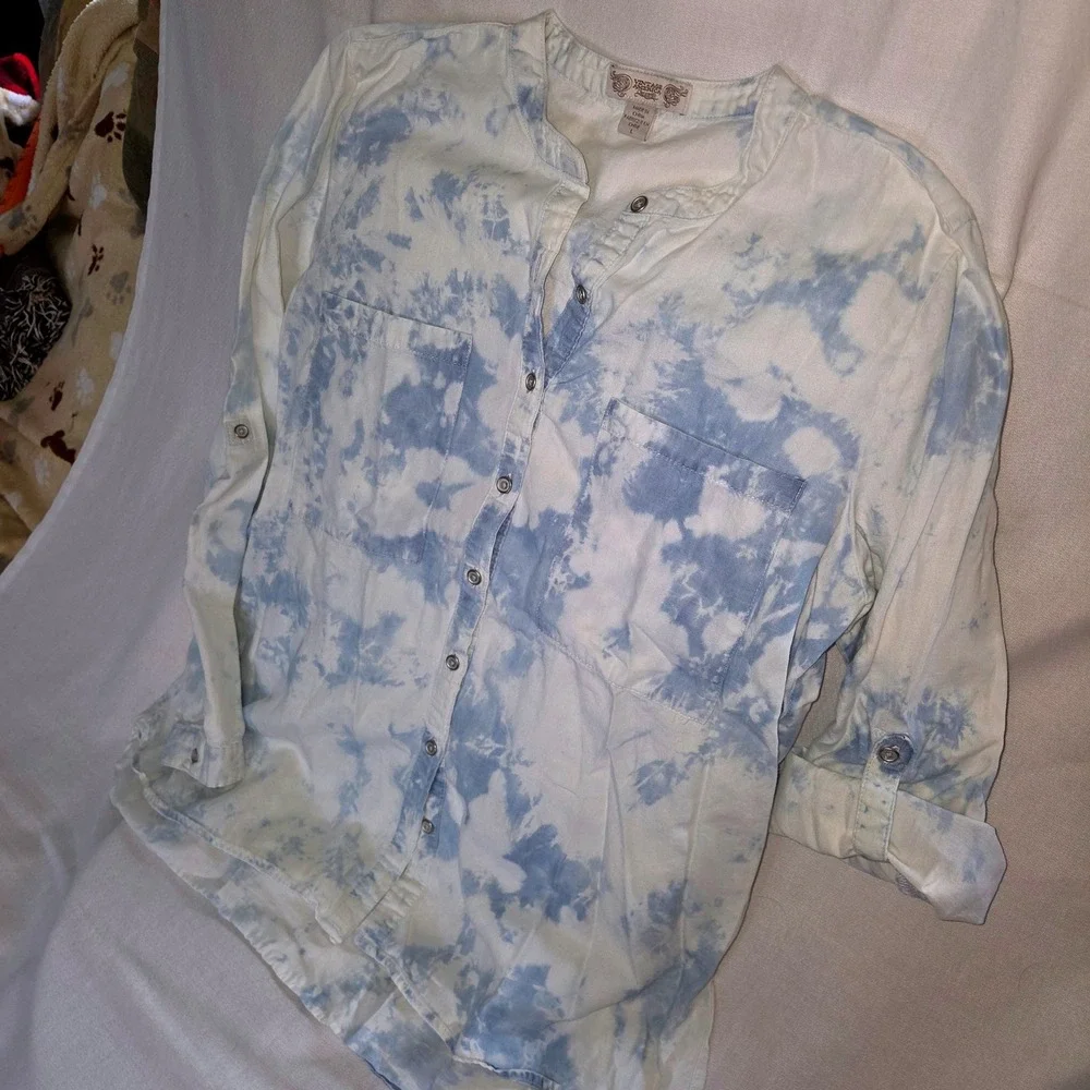 Vintage America Blues Button Down Women L Blue Excellent Tie Dye Roll Tab‎ Boho